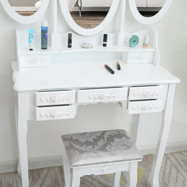 7 Drawers Classic Vanity Set with Dressing Table Tri-Fold Mirror and Bench  - Walmart.com