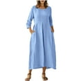 thumbnail image 3 of LIaqionyy Womens Cotton Linen Dresses 3/4 Sleeves Crew Neck Solid Color Casual Beach Vacation Maxi Dress with Pocket, 3 of 7