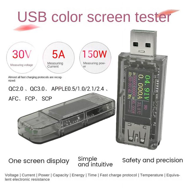 -UT 5A Probador de pantalla a color USB Voltímetro IPS de 0,96 pulgadas Capacidad de potencia Protocolo de carga rápida Probador de cargador QC2.0/3.0