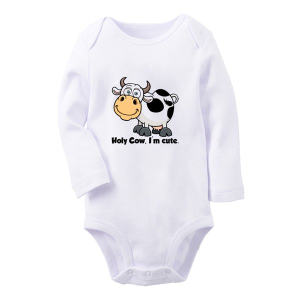Holy Cow I'm Cute Funny Rompers, Newborn Baby Unisex Bodysuits, Infant Animal Cow Pattern Jumpsuits, Toddler 0-12 Months Kids Long Sleeves Oufits (White, 6-12 Months)