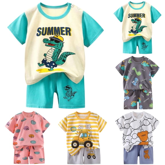 felwors Boys Pajamas 2-Piece Summer Cotton Short Sleeve Kids PJs Snug Fit Sleepwear Set Size 1-6 Years (2-3 Years,Sky Blue)