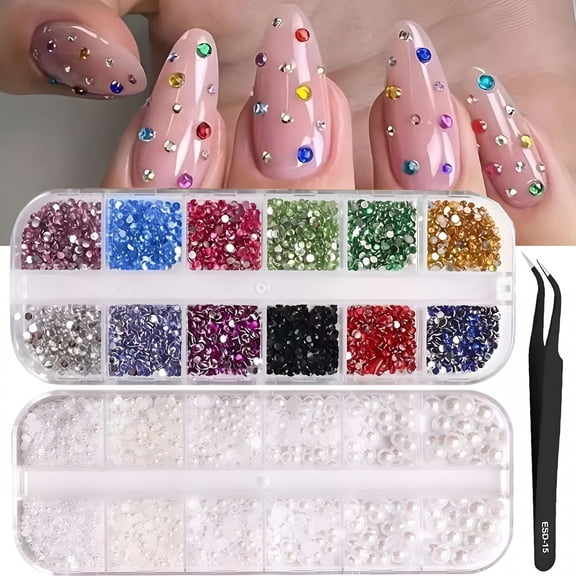 TUWAFE 2026 New 24Grid Shiny Colorful Nail Art Rhinestones 3D Flatback Rhinestones Pearl Nail Charms and Crystals Gems Nail Accessories for Acrylic Nail Tips Manicure Decor