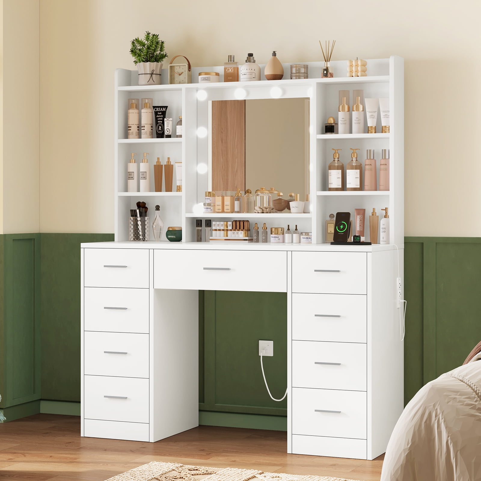Makeup Vanity Table with 3-Color LED Lights Mirror, Vanity Table with 9 Drawers and 7 Storage Shelves, Vanity Desk for Bedroom Dressing Room, White