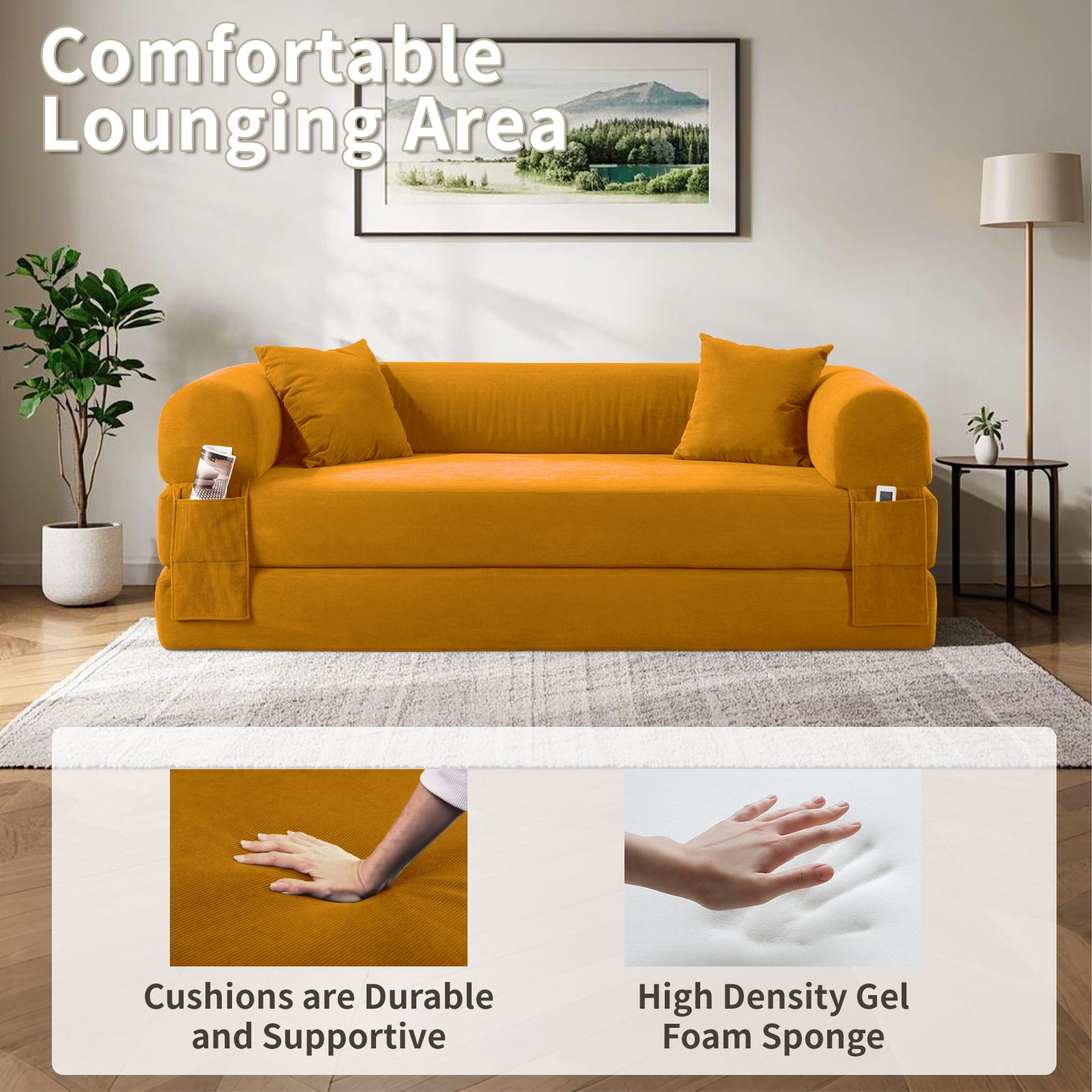 3 in 1 Convertible Sofa Bed, 80" Corduroy Folding Pull Out Couch with 2 Pillows, Floor Sofa with Side Storage for Living Room, No Assembly Modern Boneless Couch Compression Sofa, 30"W