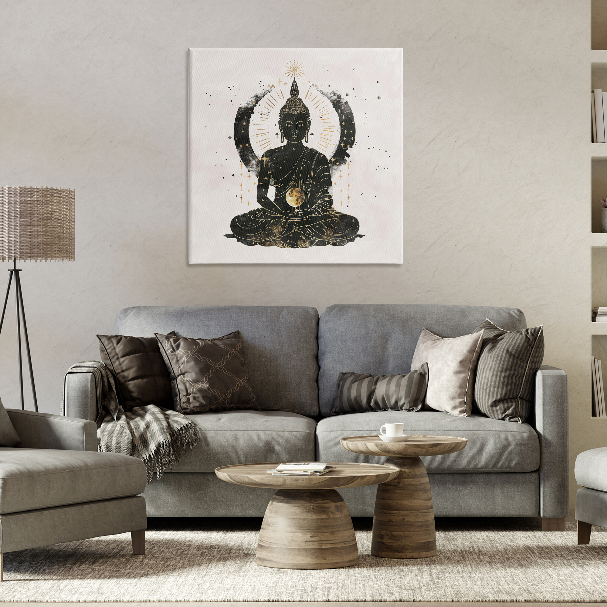 Stupell Industries Sitting Buddha Sun Rays Religious & Spiritual Painting Wrapped Canvas Art Print Wall Art, 30 x 30