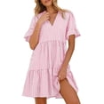 thumbnail image 5 of Miluxas Women's Summer Striped Mini Dress Tiered Ruffle Short Sleeve V Neck T-Shirt Dresses Casual Loose Fit A Line Going Out Dress with Pockets Pink, 5 of 9