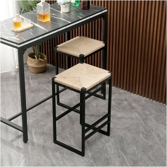 JERFIT Set of 2 Natural Paper Rope Counter Stools, Backless Woven Bar Stools with Footrest for Kitchen Island, Dining & Home Decor