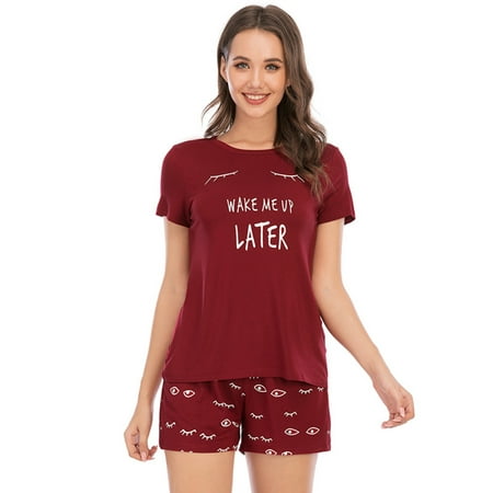 

Women Short Sleeve Pajamas Set Cute Cartoon 2Piece Round Neck Let Me Sleep Printed Sleepshirt with High Waist Shorts Pajamas Bottom PJ Set Summer Casual Modal Sleepwear Lounge Set S-2XL Red