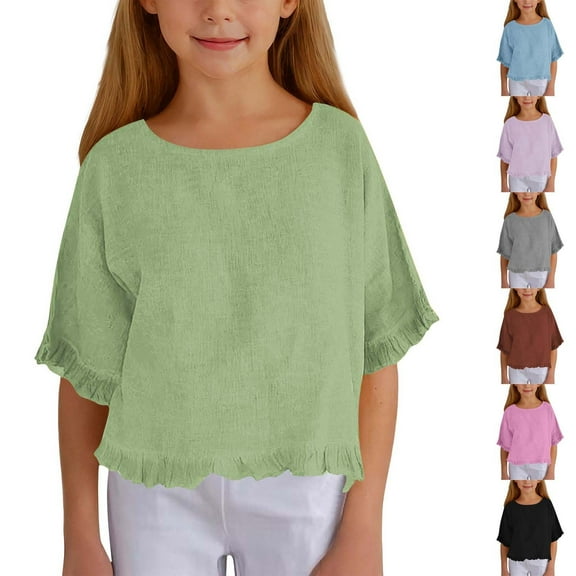 Coerni Girls Ruffle Tee Short Sleeve Summer Crewneck Kids Aesthetic T Shirts Plain Cropped Tops Loose Casual Loose Tshirt