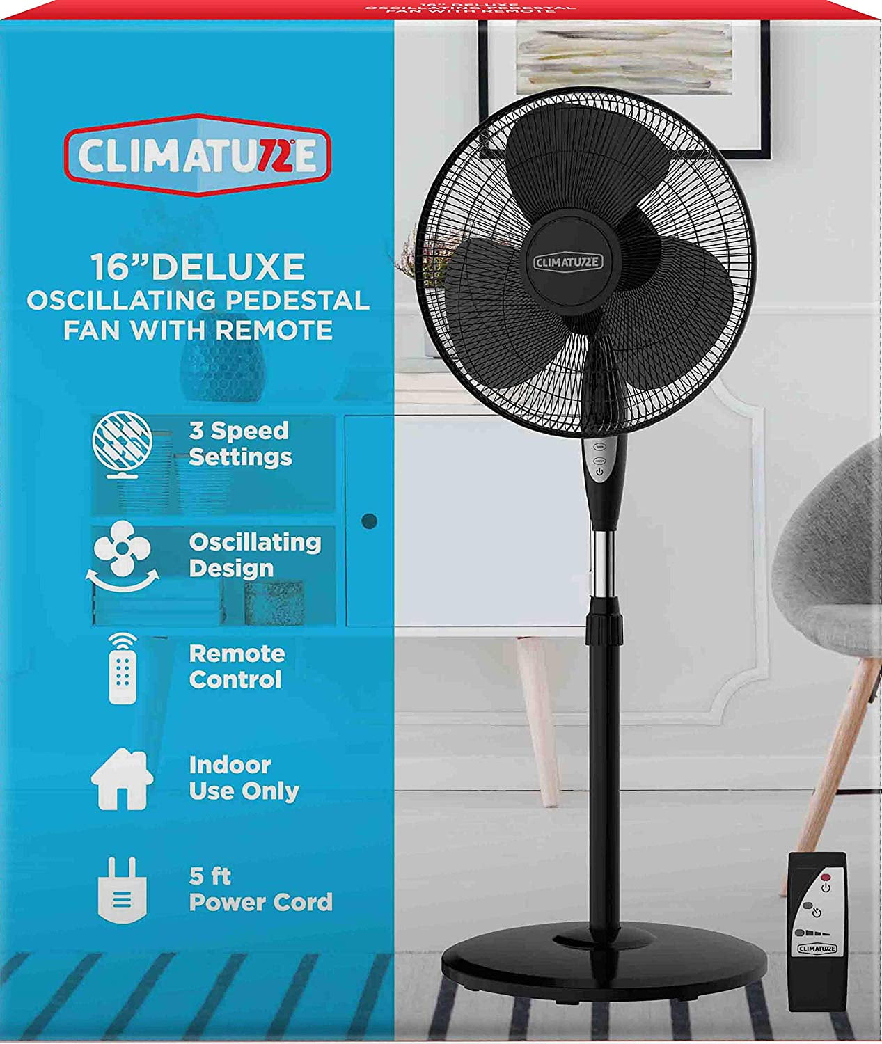 Climature 16 inch Stand Pedestal Fan with Remote Control Black