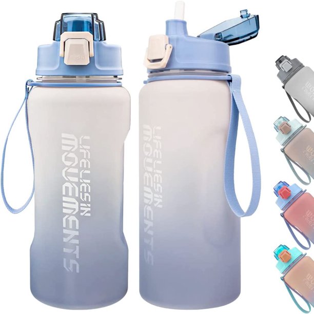 Botella de agua de 2,2 L, botella de agua deportiva Tritan sin BPA con marcador de tiempo, botella de agua deportiva a prueba de fugas con pajita de sílice, botellas de agua para fitness, camping, ciclismo (azul y blanco) ACTIVE Biensenido a ACTIVE