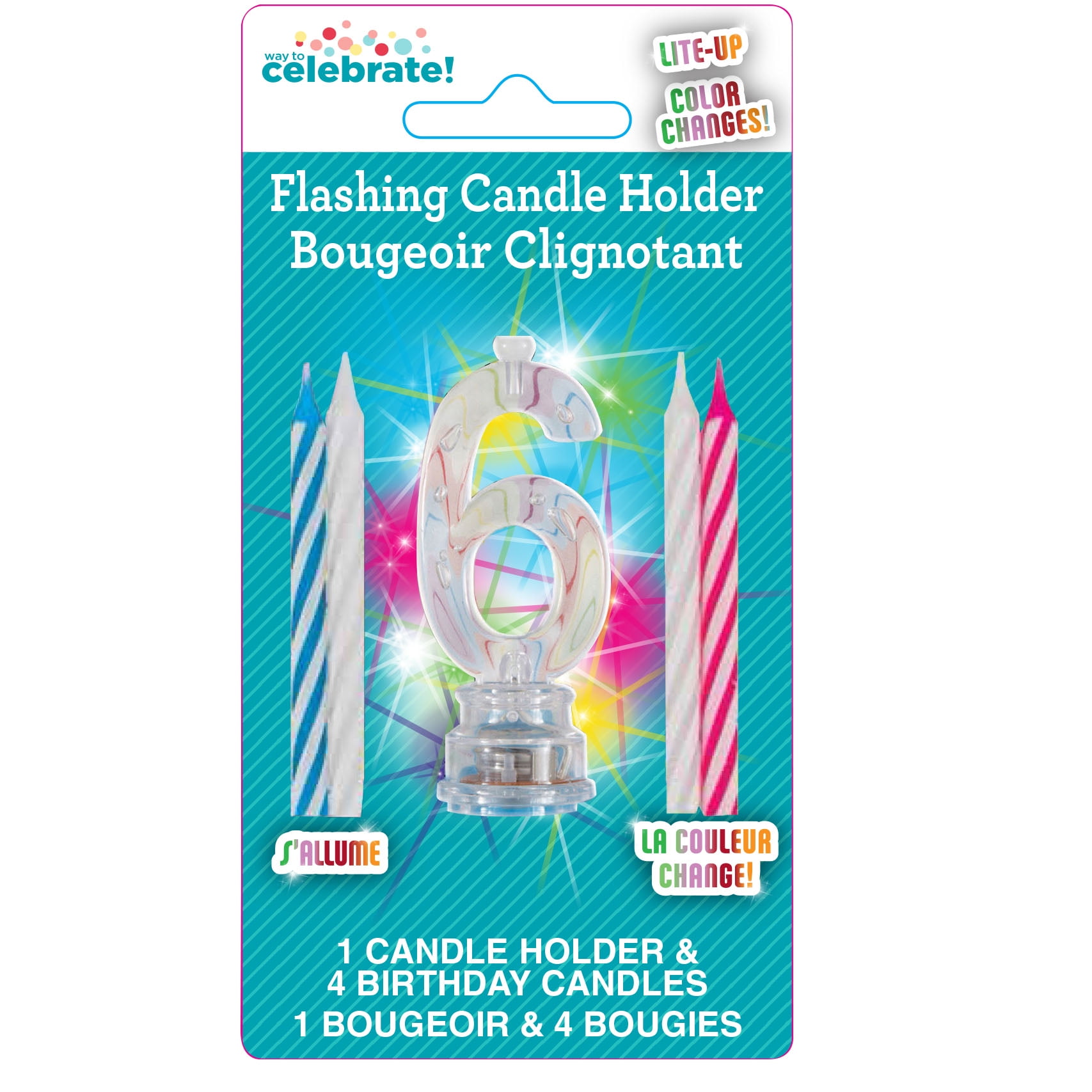 Multicolor Number 6 Flashing Birthday Candle Holder and Candles Set, 5 Pieces, by Way To Celebrate