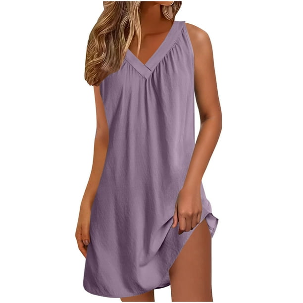 Una Línea de Vestidos de Verano para las Mujeres 2025 sin Mangas Vestido de Noche Suave, Cuello en V Plisado Vestido de Sueño Ligero