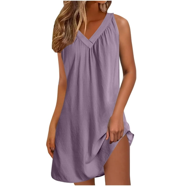 Una Línea de Vestidos de Verano para las Mujeres 2025 sin Mangas Vestido de Noche Suave, Cuello en V Plisado Vestido de Sueño Ligero