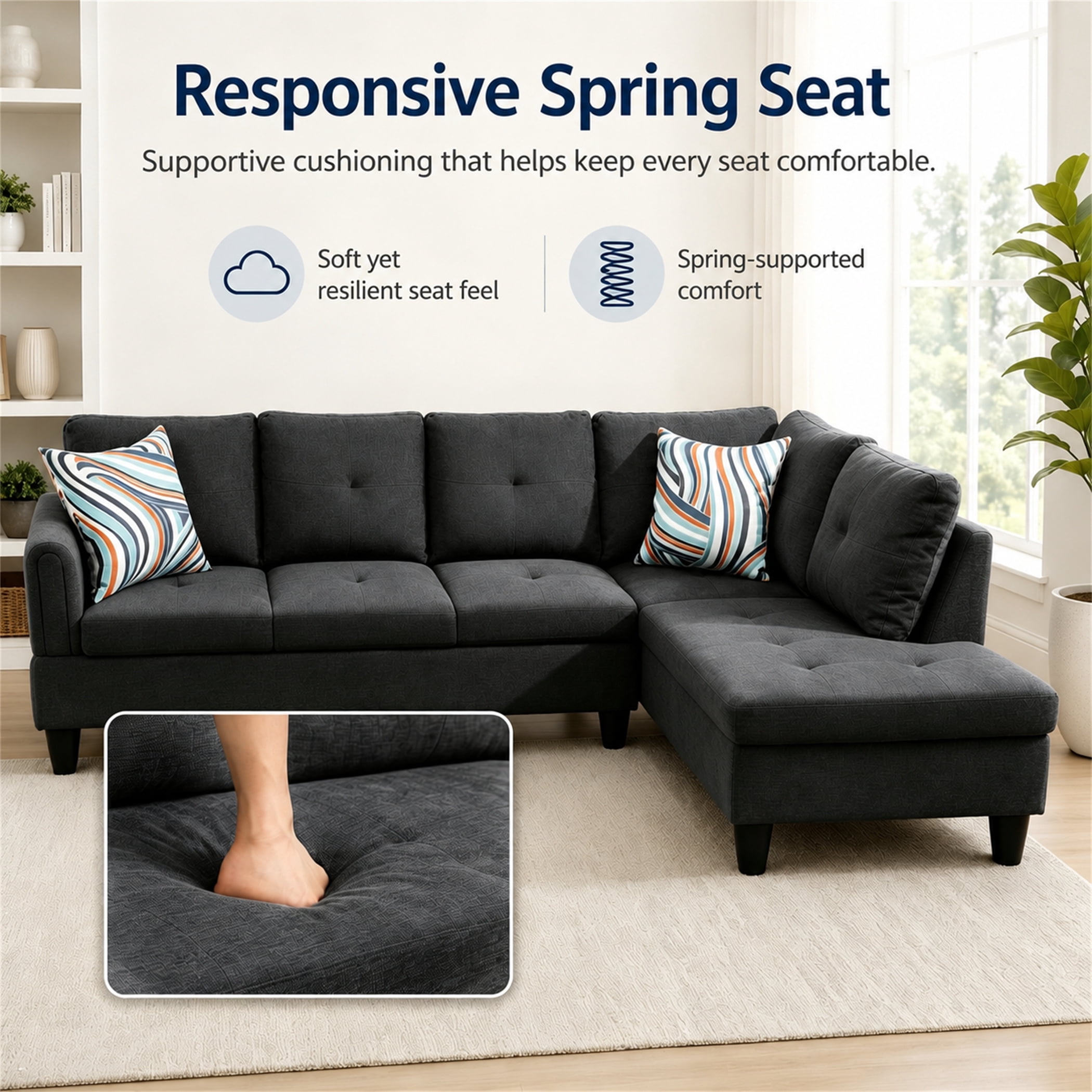 Aukfa 97" Classic Sectional Sofa 4 Seat L shape Couch with Oversized Right Chaise for Living Room, 2Pillows, Linen, Black Gray