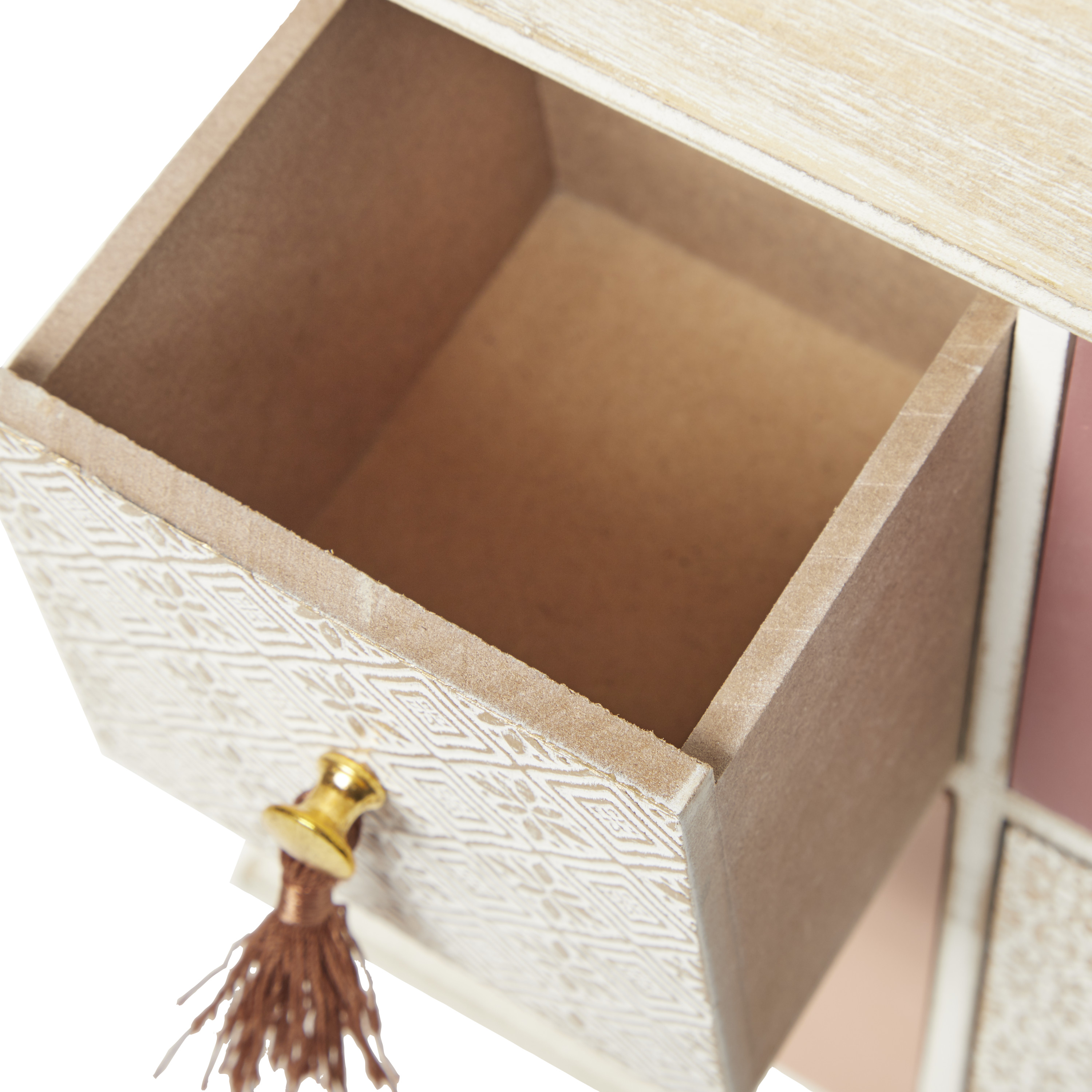 DecMode Floral 4 Drawers Brown Wood Decorative Jewelry Box with Tassel Knobs