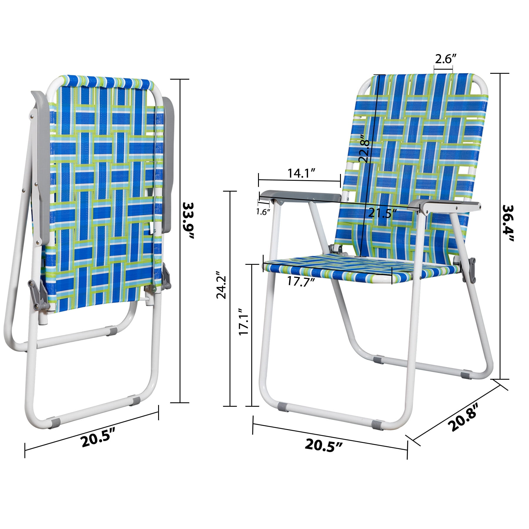 ZENY Set of 2 Patio Lawn Chairs Folding Metal Frame Webbed Camp Chair, Blue/Green