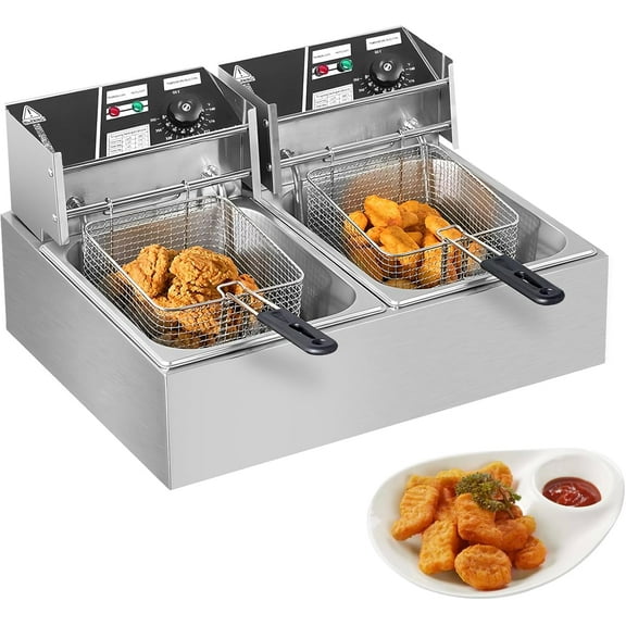 XYJBHB Commercial Electric Deep Fryer, 12L Dual Tank Electric Countertop Fryer with Basket, Double Stainless Steel Oil Fryer for Kitchen Restaurant Use
