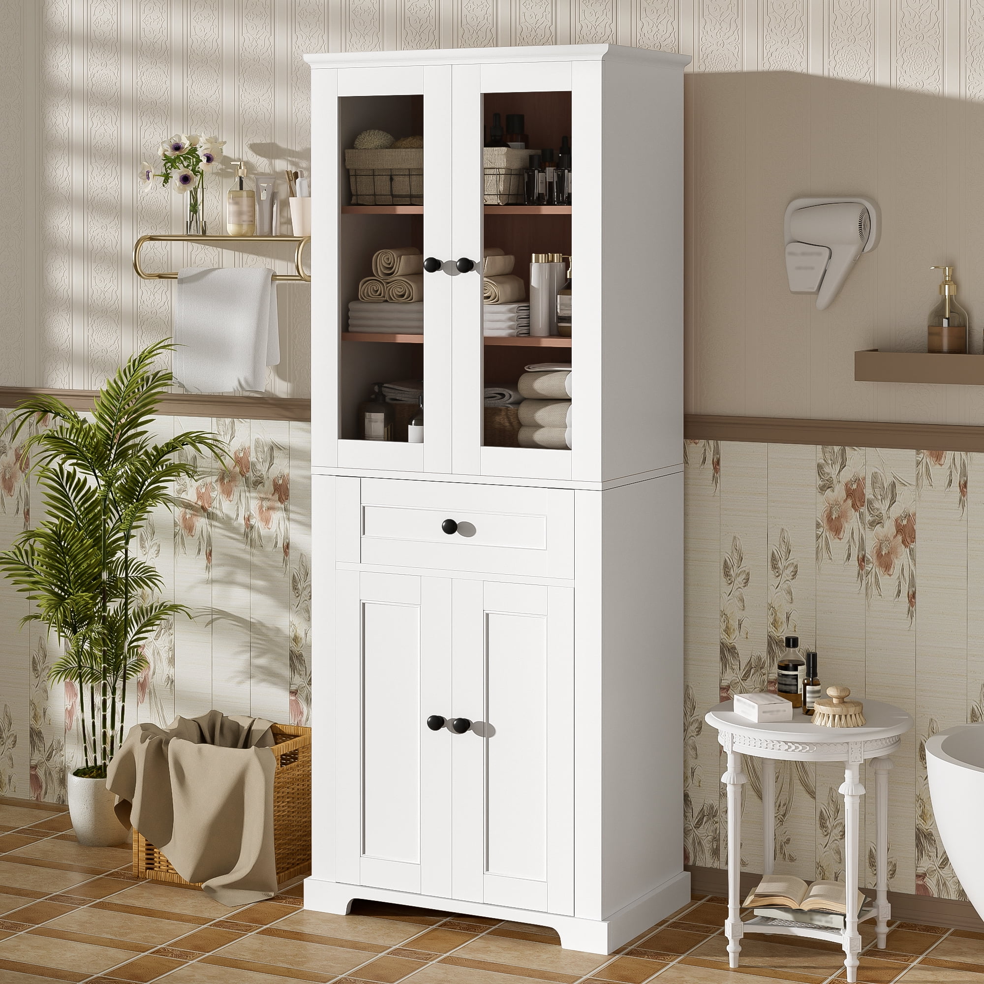 Tall Bathroom Storage Cabinet with 4 Tempered Glass Doors, Adjustable Shelves, Soft Close Drawer and Anti-Tip Kit, Freestanding Linen Tower, 67.2 Inch in White