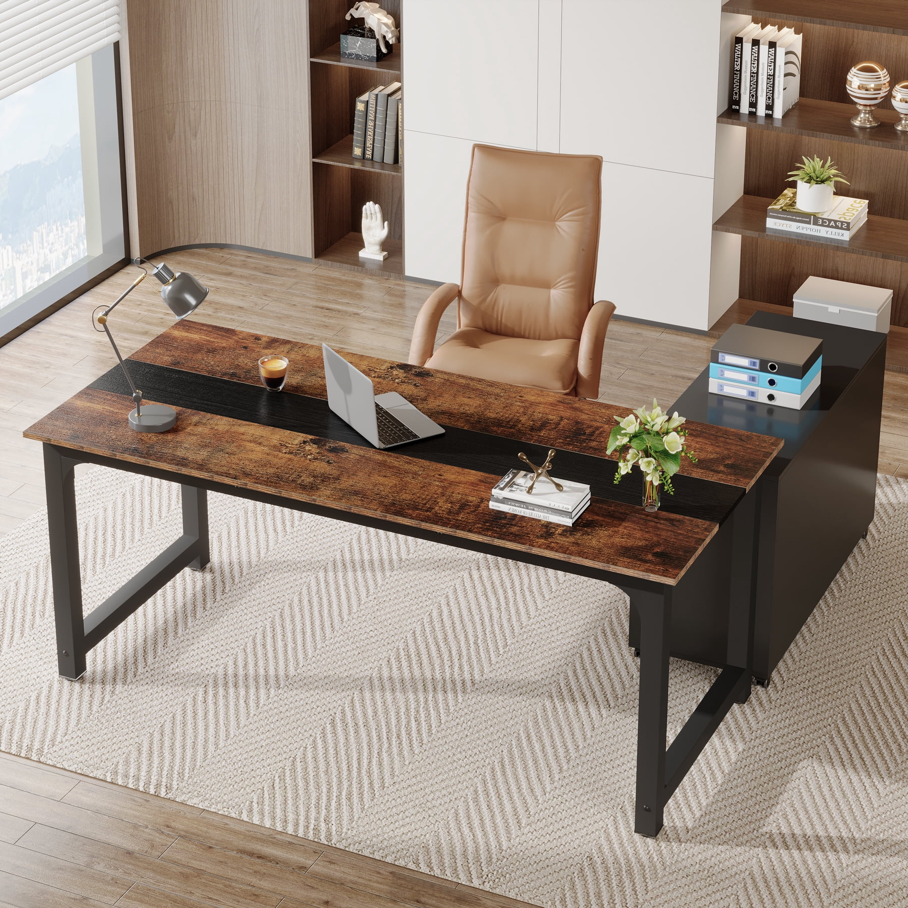 Tribesigns Executive Computer Desk with File Cabinet, 71-inch Home Office Desk with Filing Storage Drawer Cabinet, Brown & Black