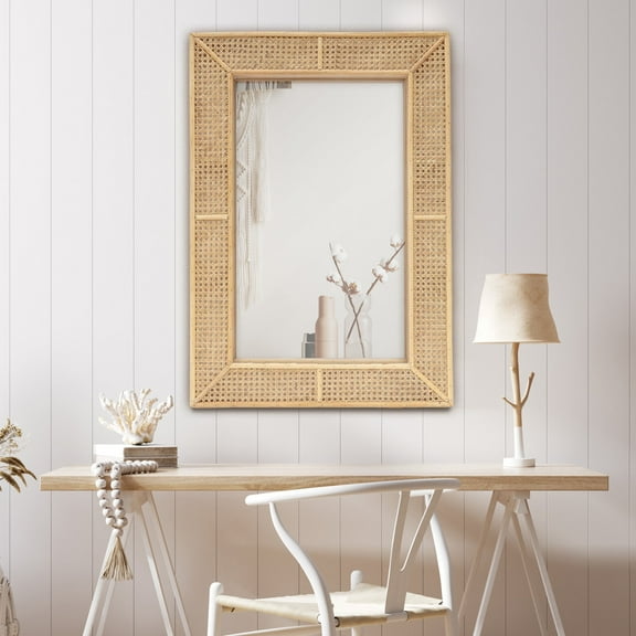 Parisloft Rectangle Rattan Wall Mirror,  Modern Boho Decorative Wall Mirror,  Natural, 26.375"W x 37.875"H