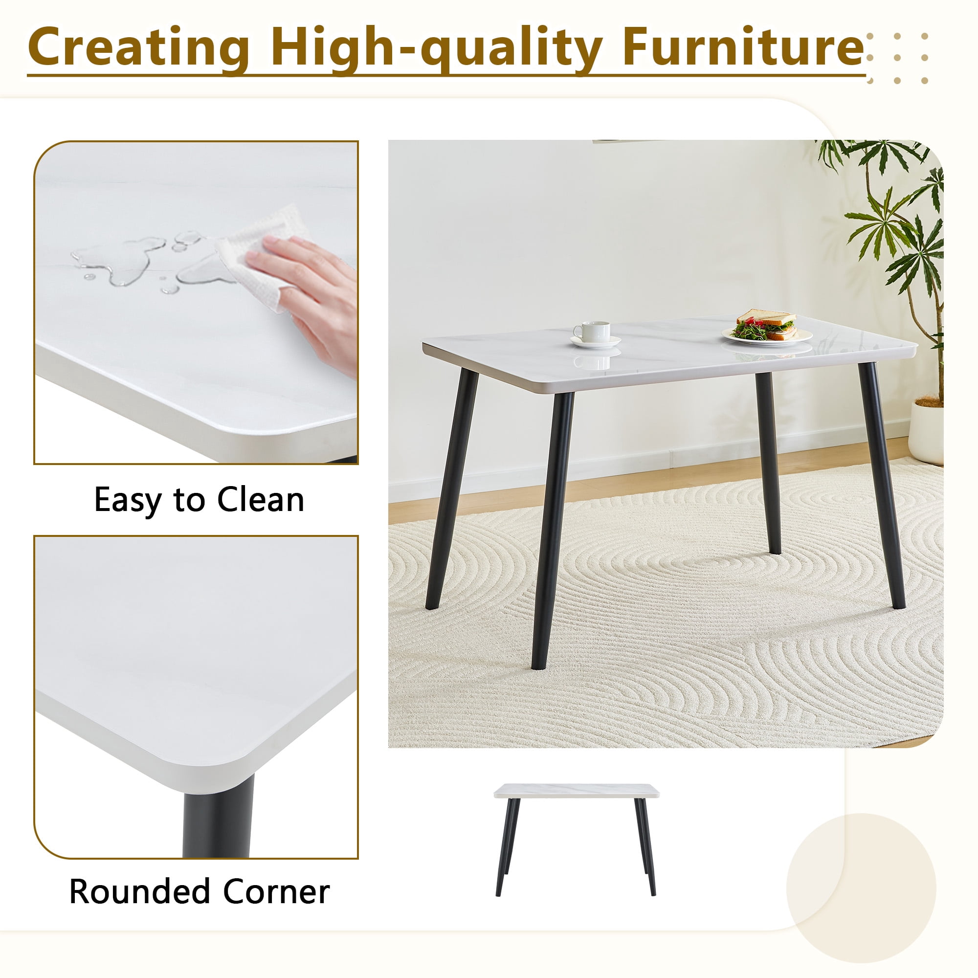 Hi loPres 47" White Modern Rectangular Dining Table for Apartments, Faux Marble Tempered Glass Top Kitchen Desk with Stable Black Metal Legs, Minimalist Style