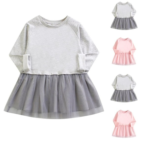 Ashirexll Little Girl Dresses, Girls Long Sleeve Dress, 6M-5Y Toddler Children Long Sleeve Dress with Mesh Splicing Round Neck Casual Loose Dress for Autumn