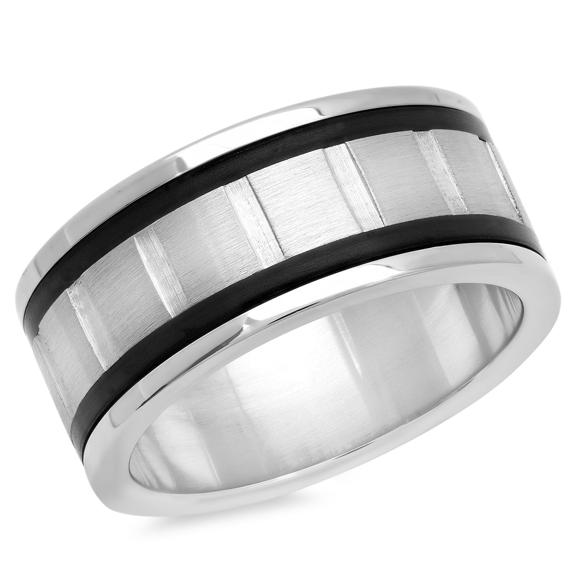 Steeltime Men's Stainless Steel Striped Ring Band with Black Ring Accents