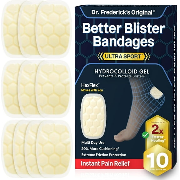 Dr. Frederick's Original Ultra Sport Better Blister Bandages for Feet - 10ct - Heel HexFlex Hydrocolloid Bandages - Ultimate Blister Prevention & Recovery - Waterproof - for Sports & Travel