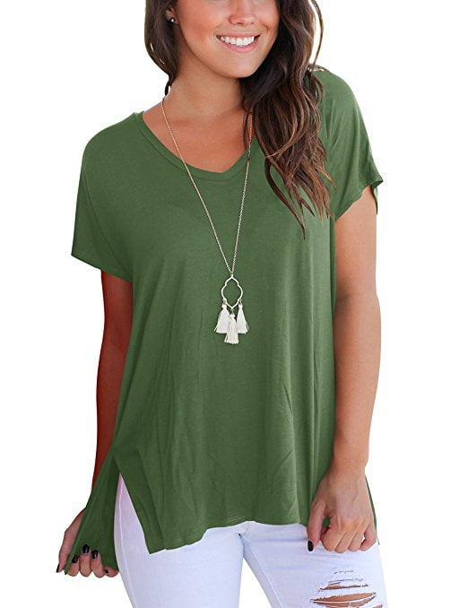 Side Slit Top V-neck Short Sleeve Loose 