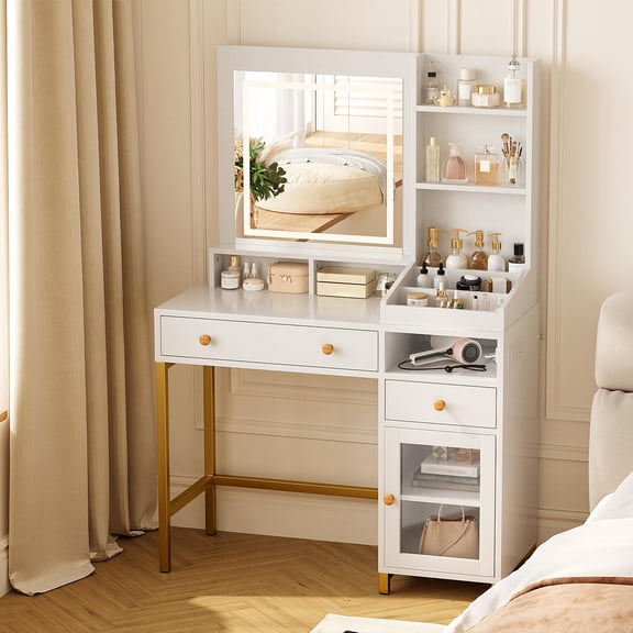 Vanity Desk with LED Lighted Mirror & Power Outlet – White Makeup Vanity Table with Drawers and Display Cabinet for Bedroom