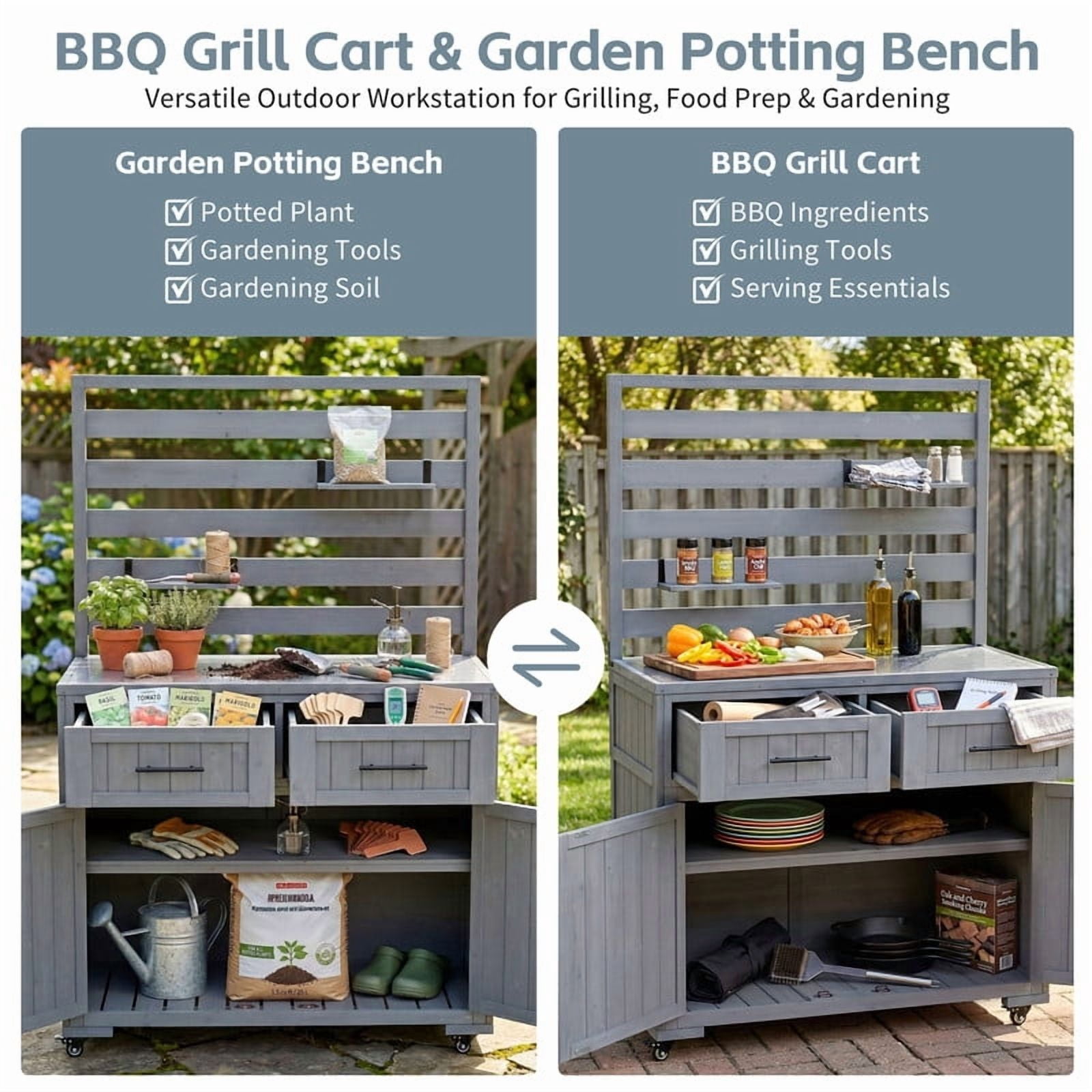 64.9''H Patio Rolling Kitchen Island Grill Table, Garden Potting Bench Cabinet with Stainless Table Top, Movable Shelves & Drawers