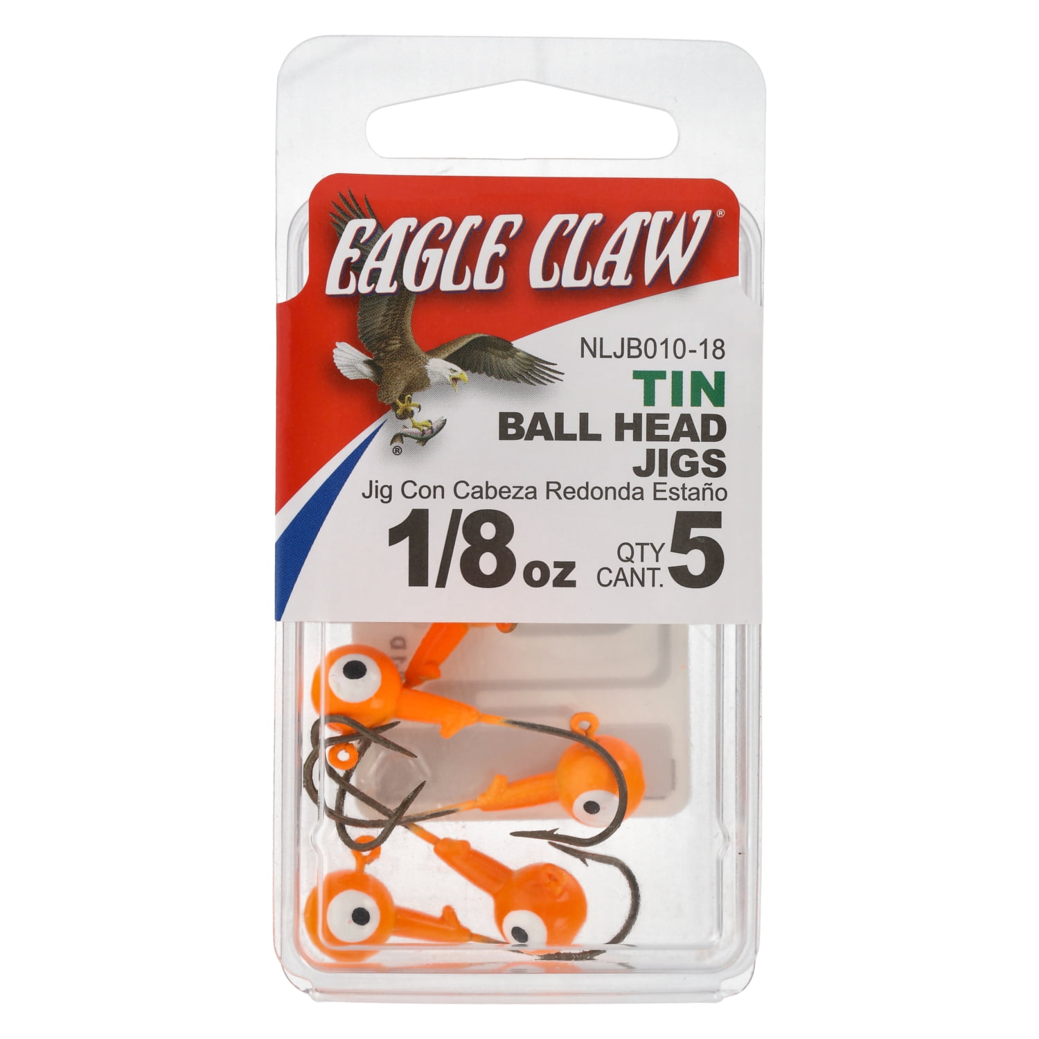 Eagle Claw Tin Ball Head Jig - Double Eye - 5 Pack - 1/8 OZ - Orange