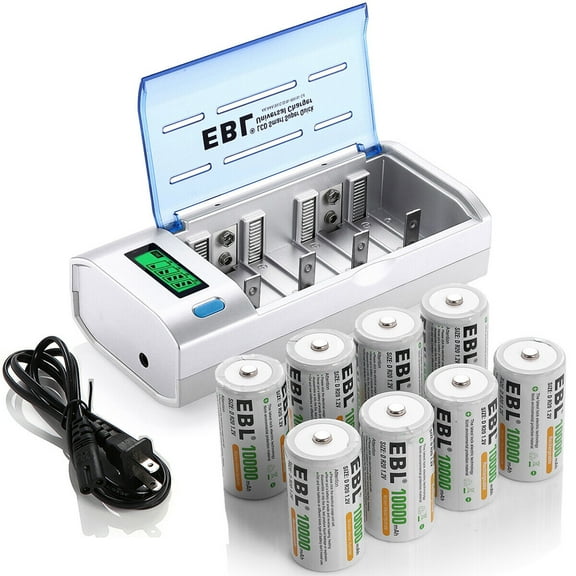 EBL D Cell Batteries 10,000mAh Ni-MH Rechargeable 1.2V (8-Pack) with Smart Battery Charger for C D AA AAA 9V Ni-MH Ni-CD Rechargeable Batteries with Discharge Function & LCD Display