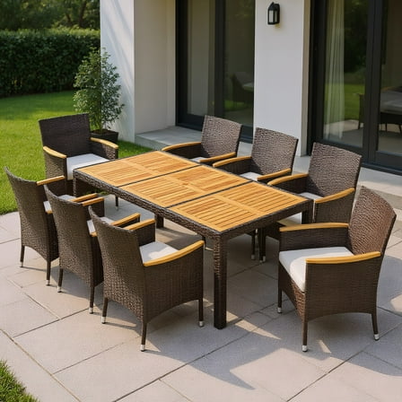 GVN Garden Dining Sets,Patio Table Sets,9 Piece Outdoor Dining Set with Acacia Wood Table Top-White