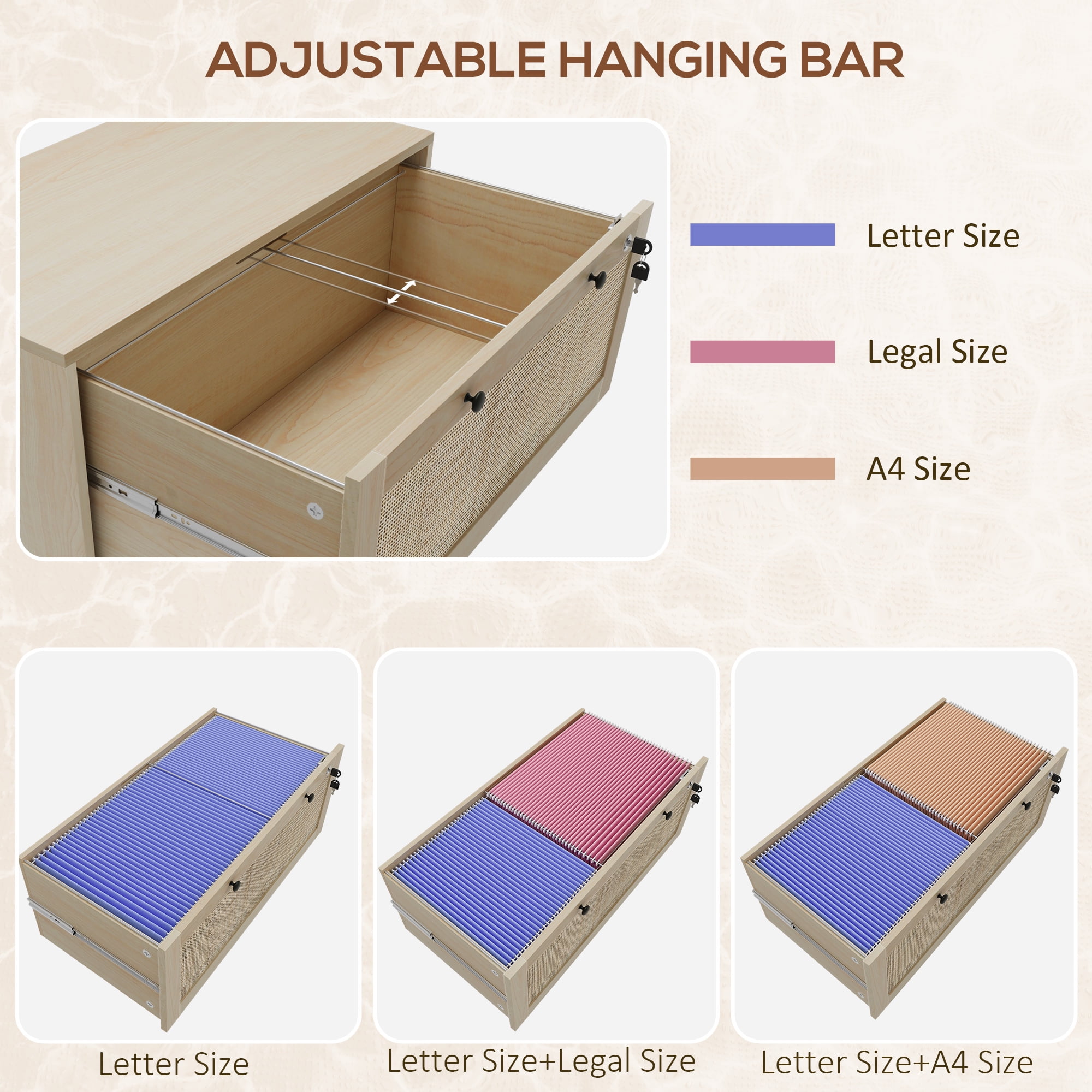 Vinsetto 2 Drawer File Cabinet with Lock, Vertical Filing Cabinet with Keys and Adjustable Hanging Bar for Letter, A4 and Legal Size, Natural