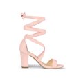 thumbnail image 3 of BLISSFUL STEP Inspired Women's Sandals Solid Color Mid Block Heels Lace up Sandals Pink 9.5, 3 of 8
