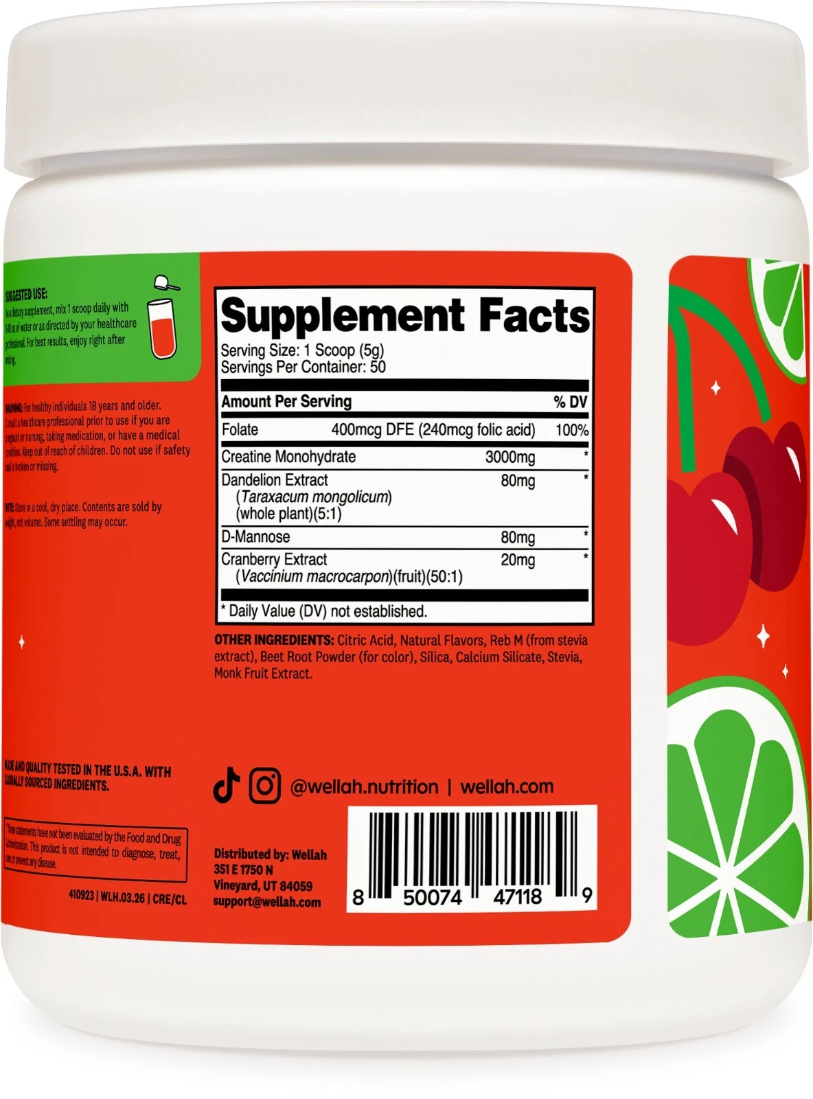 Wellah Creatine for Women (50 Servings) Cherry Limeade - 3g of Creatine Monohydrate Powder with D-Mannose & Cranberry Extract