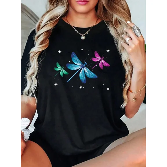 Retro Dragonfly Graphic T-Shirt for Women, Aesthetic Celestial Insect Nature Tee, Cute Summer Short Sleeve Casual Top, Black