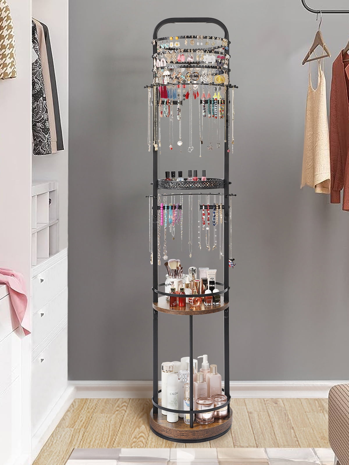 Olakee Rotating Large-Capacity Jewelry Organizer Stand for Earring, Necklace, Bracelet, Ring, Durable Metal & Wood, Girls & Women, Modern, Brown & Black