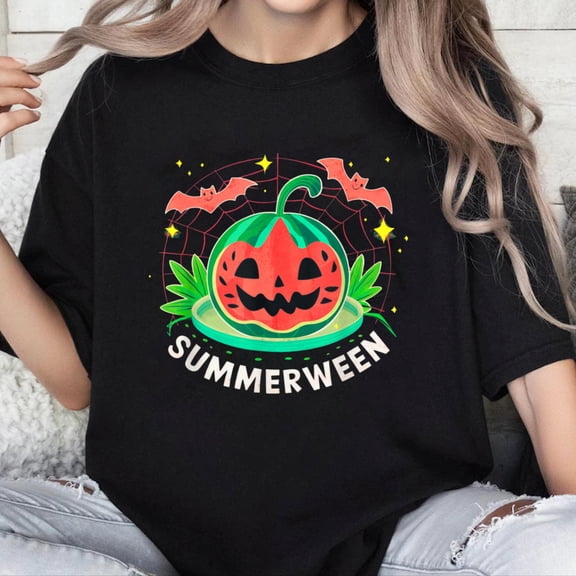 100% Cotton Unisex Summerween Summer Halloween Watermelon Pumpkin Vacation T-Shirt