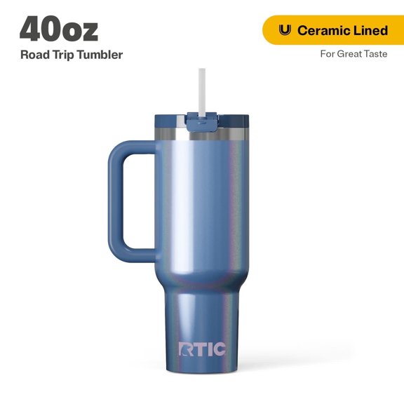 RTIC 40 oz Ceramic Lined Road Trip Tumbler, Leak-Resistant Lid with Straw, Pond Glitter