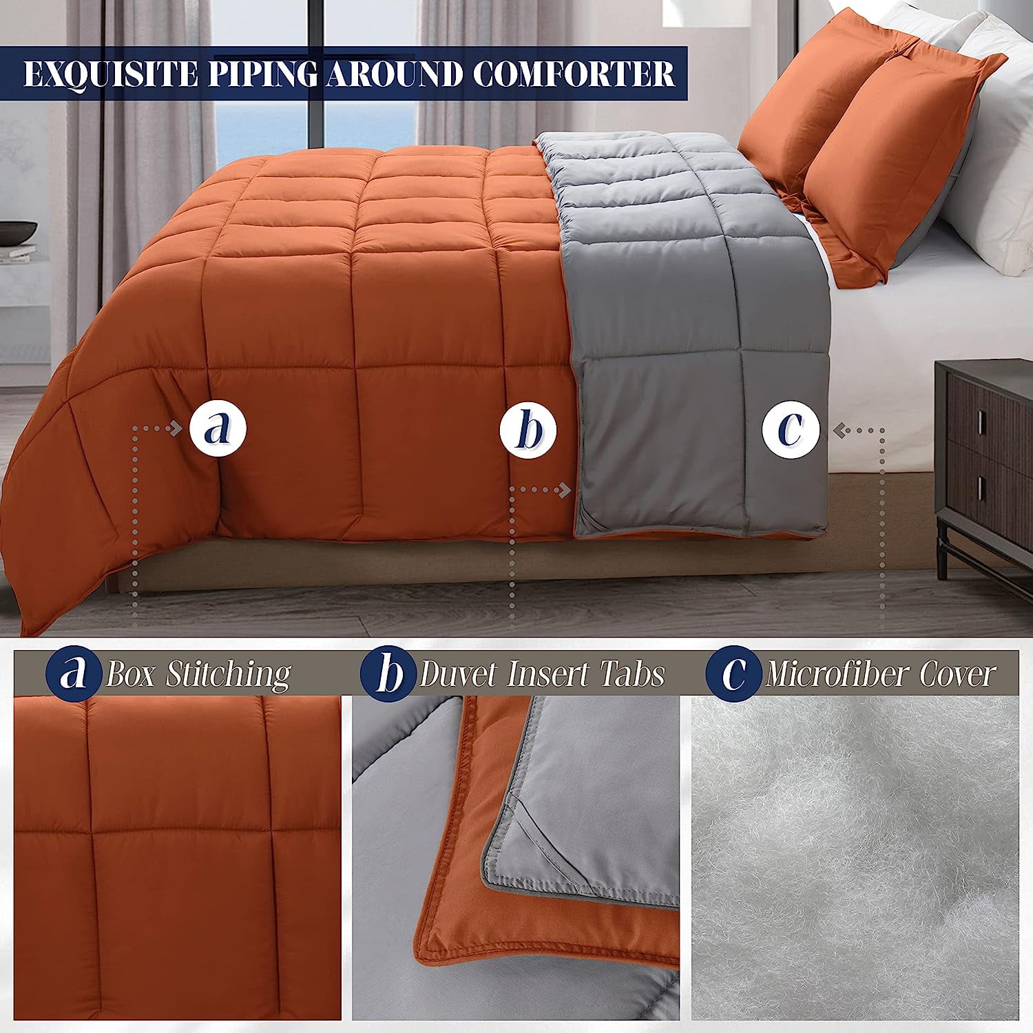 Mocassi Reversible 3-Piece Comforter Set with Matching Shams, Two Colors in One for Ultimate Versatility and Style, Twin/TwinXL, Coral/Gray