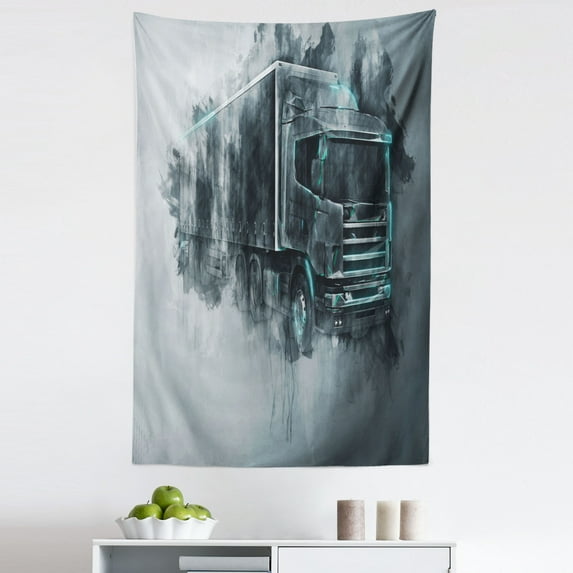 Truck Tapestry, Greyscale Illustration of a Tractor Trailer with Paint Smears Cargo Delivery, Fabric Wall Hanging Decor for Bedroom Living Room Dorm, 5 Sizes, Grey Turquoise, by Ambesonne