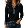 thumbnail image 2 of Long Sleeve Shirts for Women Denim Collar Trim Patchwork Tops Comfy Collared Casual Work Blouses, M, 2 of 5