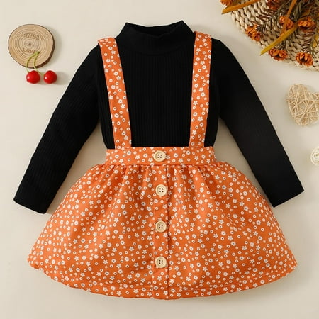 

Hunpta Toddler Girls Long Sleeve Ribbed T Shirt Tops Floral Prints Suspenders Skirt Outfits