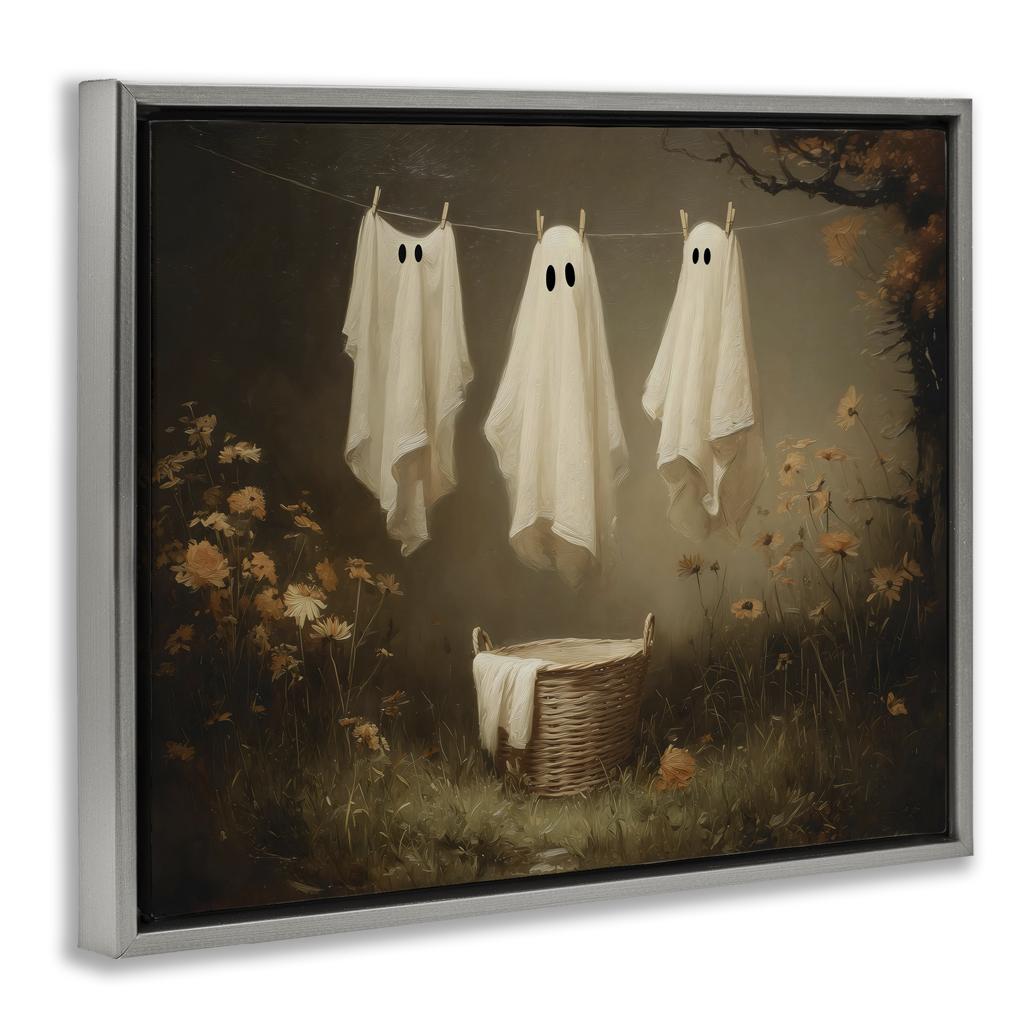 Three Laundry Ghosts Hanging Gray Framed Floater Canvas Wall Art, design by Arlington Prints