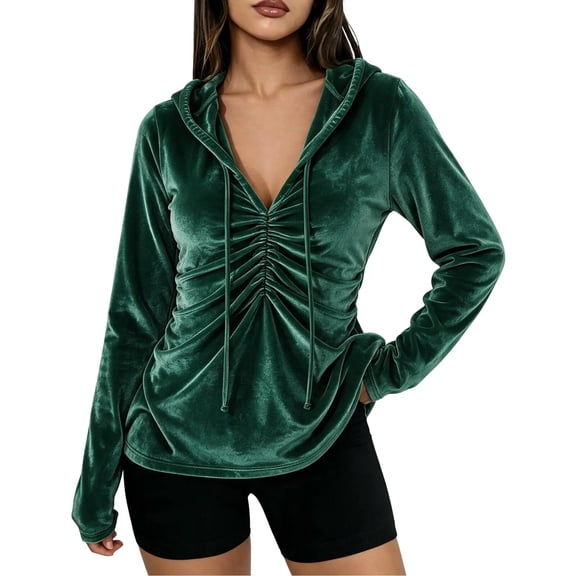 Enjoytime Hooded Tops for Women Velvet Drawstring Ruched Long Sleeve Shirts Work Dressy Casual V Neck Slim Fit Blouses