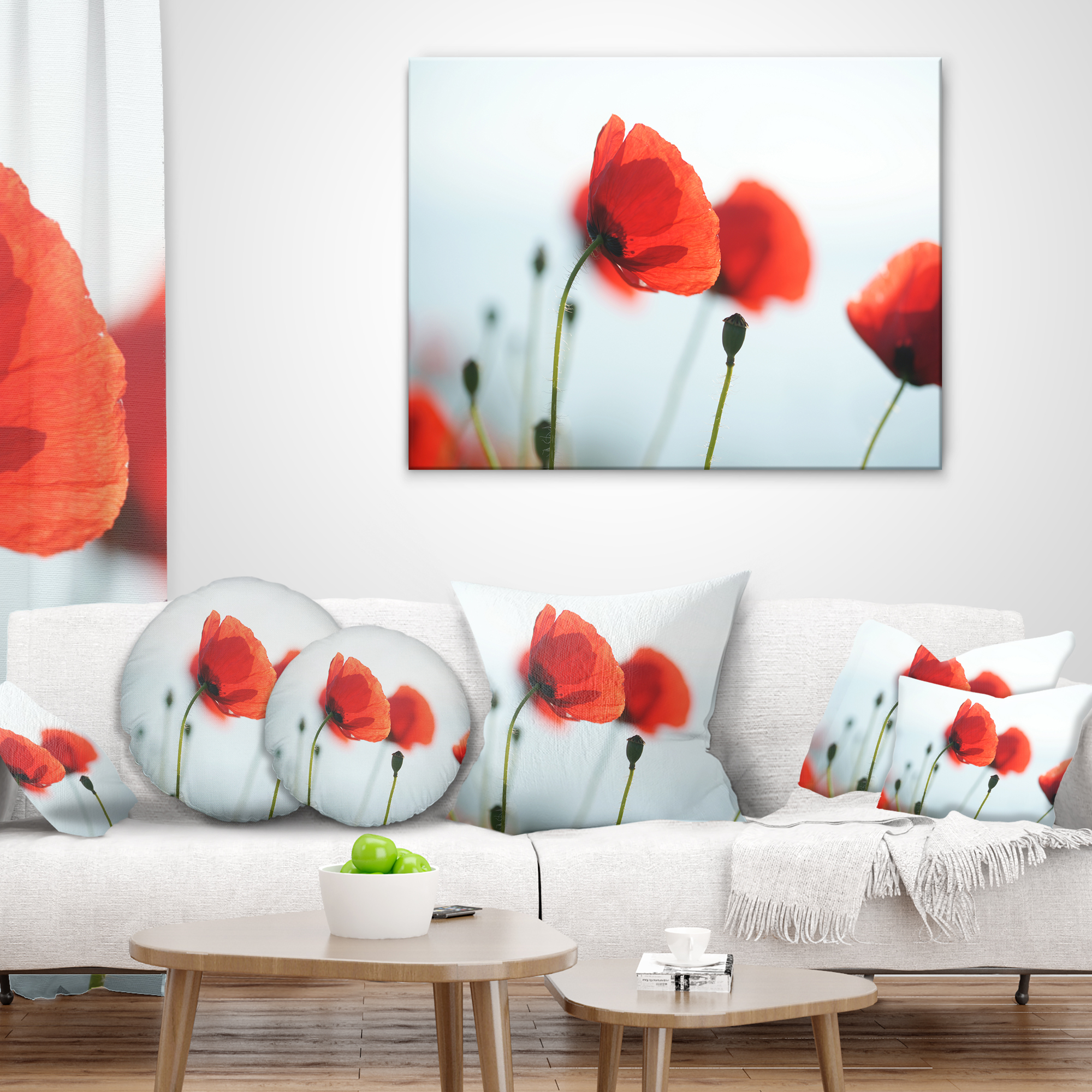 Designart Poppies on Background of Sea - Floral Throw Pillow - 12x20