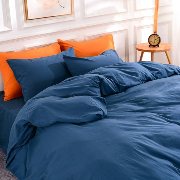 NEXHOME PRO Duvet Cover Set 100% Washed Cotton 3 Pieces Linen Breathable Soft Durable Duvet Cover Bedding Set with Zipper Closure, Full Size Navy Klein Blue (Comforter Not Included)